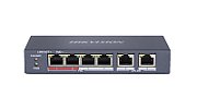 Hikvision Switch Hikvision DS-3E0106P-E-M, Switching capacity 1.6 Gbps, 4 x 10/100Mbps PoE ports, and and 2 × 10/100Mbps RJ45 ports, MAC address table 4 K, PoE power budget 35 W, Internal cache 768 Kbits, 6 KV surge protection for PoE ports, Up to 300 m long-range transmission, dimensiuni: 145 mm × 68.45 mm ×
