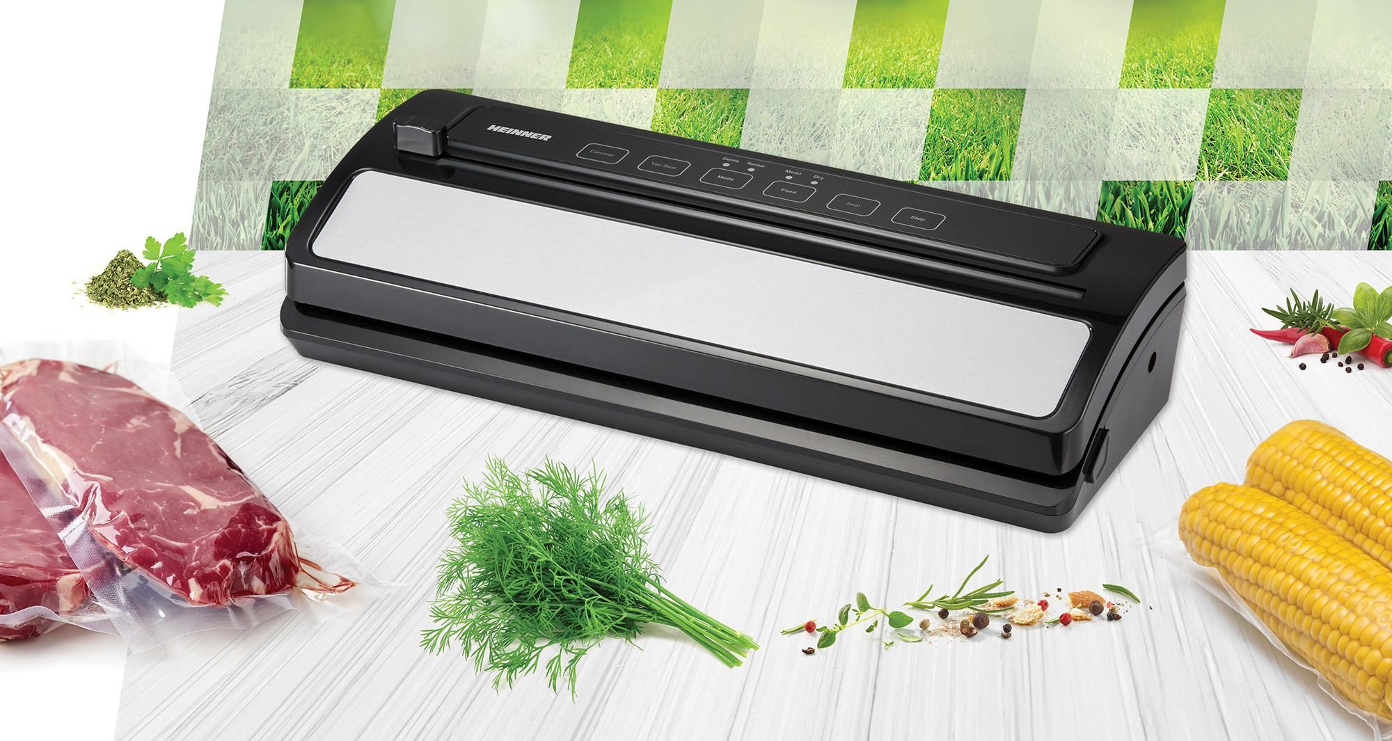 Aparat de vidat Heinner HAV-E110SS, vidare si sigilare, vidare uscata si umeda, functie sigilare, vidare caserole, control Touch, doua moduri: normal/delicat, rola pungi 20x200mm inclusa, 5 pungi individuale 20x30cm incluse, furtun pentru caserole, cutter incorporat, compatibl cu pungi latime 30cm