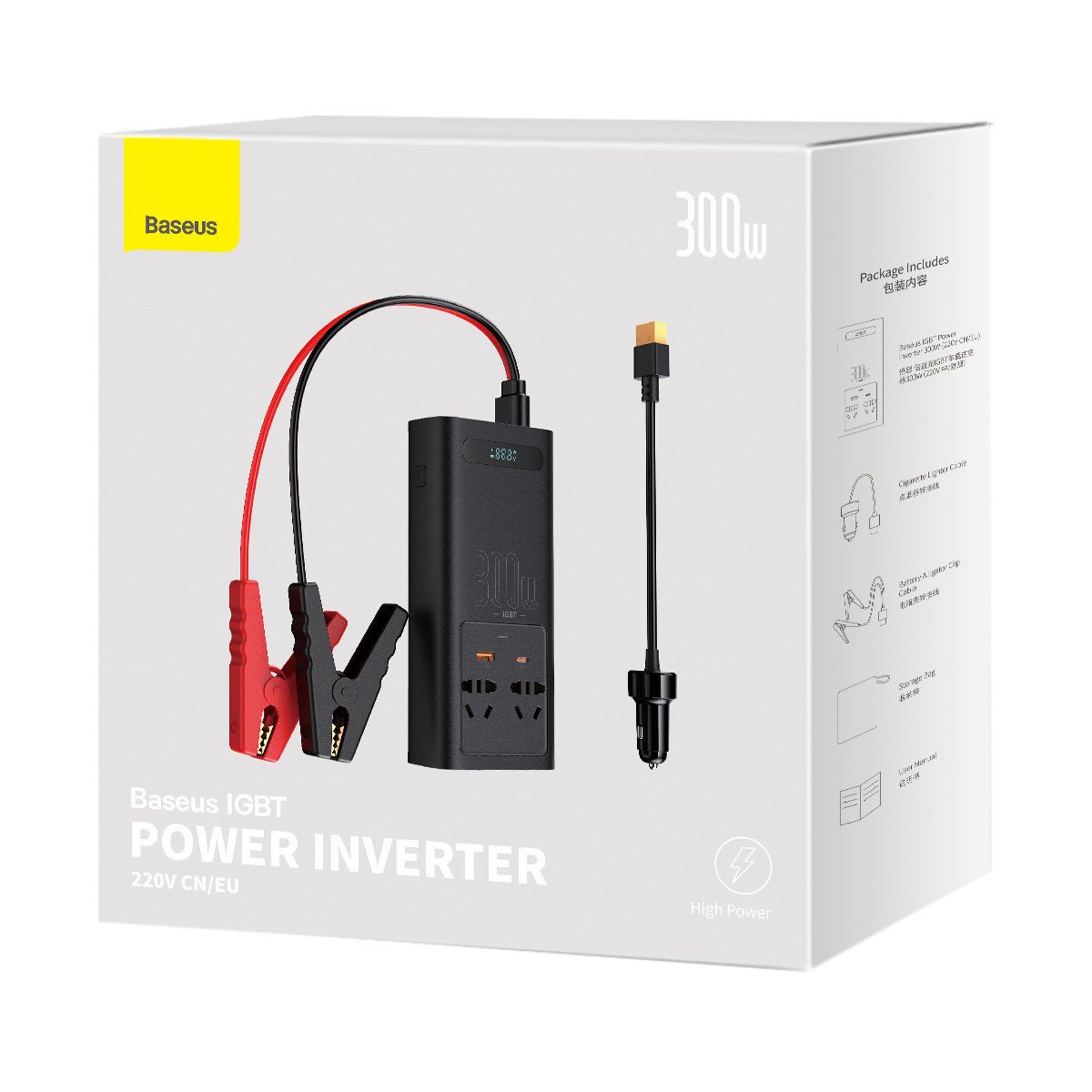 INVERTOR ELECTRIC auto Baseus, IGBT, 2 x AC, 1 x USB Type-C, 1 x USB, 300W 220V, conectare auto 12V, negru  CGNB010101  (include timbru verde 1.75 lei) - 6932172608675