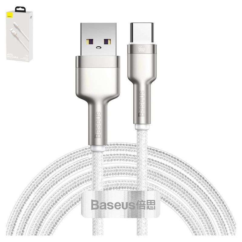 CABLU alimentare si date Baseus Cafule Metal, Fast Charging Data Cable pt. smartphone, USB la USB Type-C 66W, 2m, alb  CAKF000202  (include timbru verde 0.25 lei) - 6953156209787