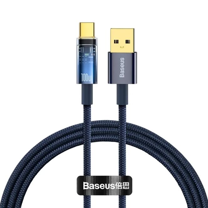 CABLU alimentare si date Baseus Explorer, Fast Charging Data Cable pt. smartphone, USB la USB Type-C 100W, 2m, Auto Power-Off, negru transparent  CATS000301  (include timbru verde 0.25 lei) - 6932172605728