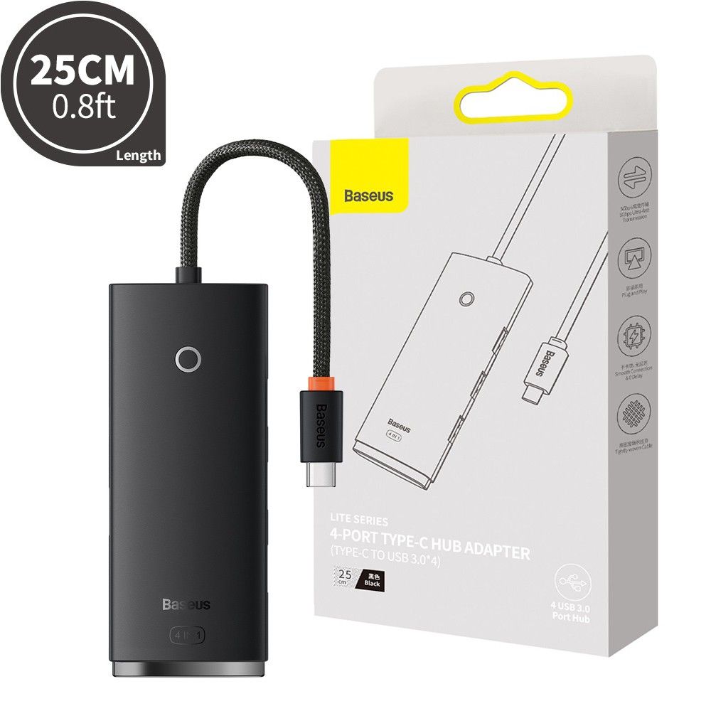 HUB extern Baseus Lite, porturi USB: USB 3.0 x 4, conectare prin USB Type-C, lungime 0.25m, negru,  WKQX030301  (include TV 0.8lei) - 6932172606244