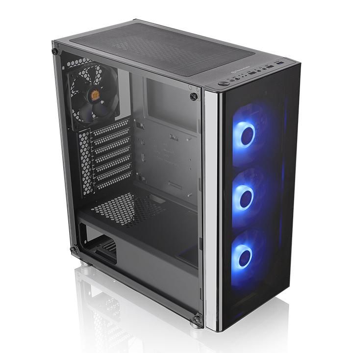 Carcasa Thermaltake V200 Tempered Glass RGB, SPCC Steel ATX Tower, farasursa (tip ATX, montata jos), interior vopsit negru, 2x3.5  (intern) ,3x/2.5  (intern), design tool-less, fata – 3x 120mm RGB LED fans(incluse, 1000rpm, 16dBA) si 2x 140mm fan (optional), spate – 1x 120mmfan (1000rpm, 16dBA