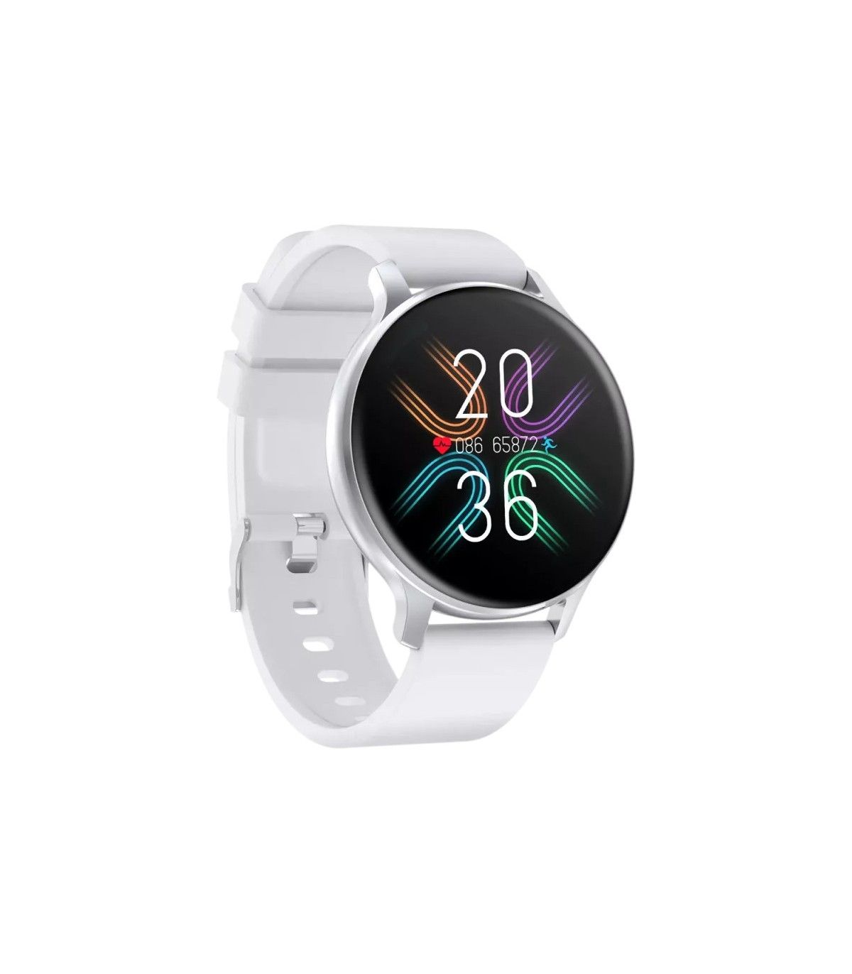 Smartwatch, Realtek 8762CK, 1.28 TFT 240x240px RAM : 160KB,  Lithium-ion polymer battery, 3.7V 190mAh Include, Silver Zinc alloy middle frame + plastic bottom case+ white Silicone strap + silver strap buckle, 44.9x 10.9mm, strap: 20x220mm, 50.64g