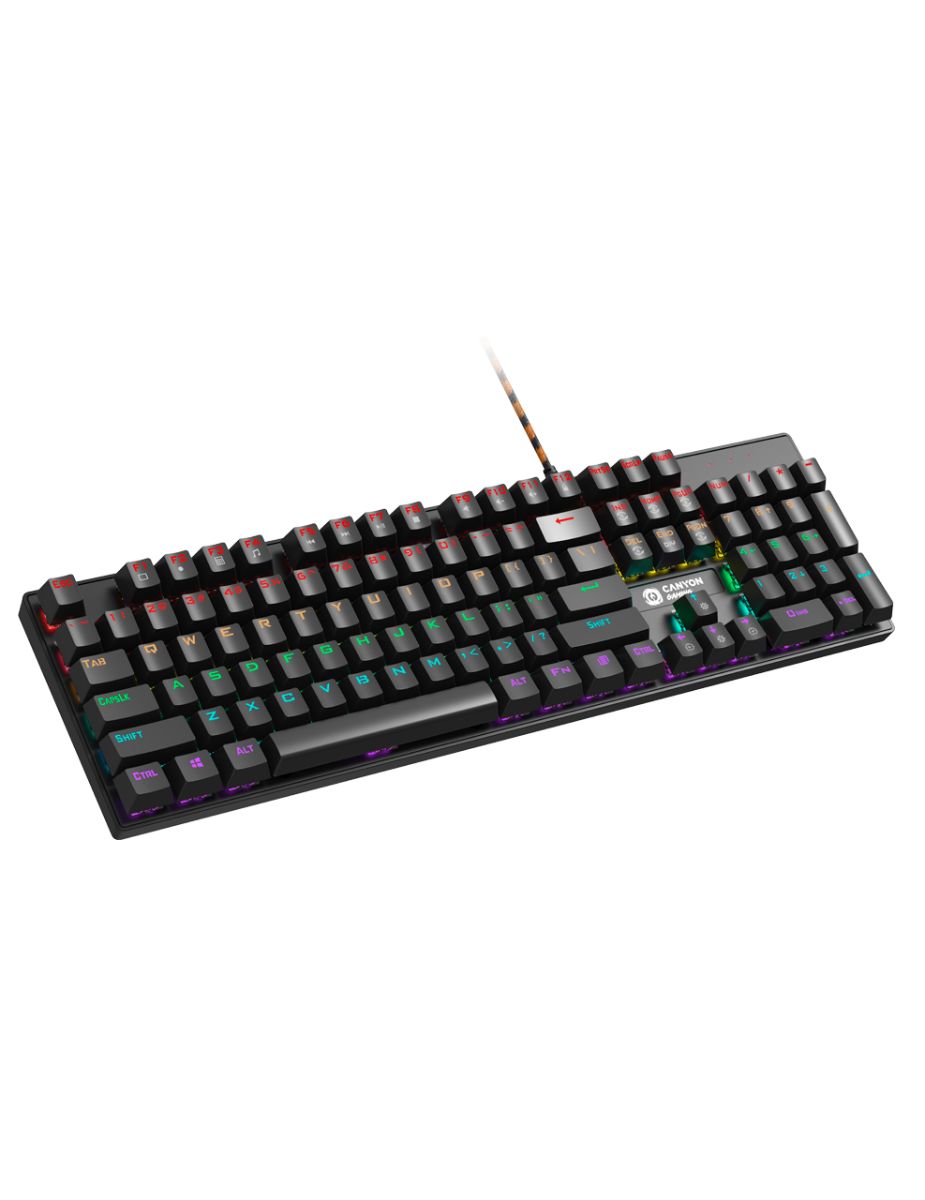 Wired black Mechanical keyboard With colorful lighting system104PCS rainbow backlight LED,also can custmized backlight,1.8M braided cable length,rubber feet,English layout double injection,Numbers 104 keys,keycaps,0.7kg, Size 429*124*35mm