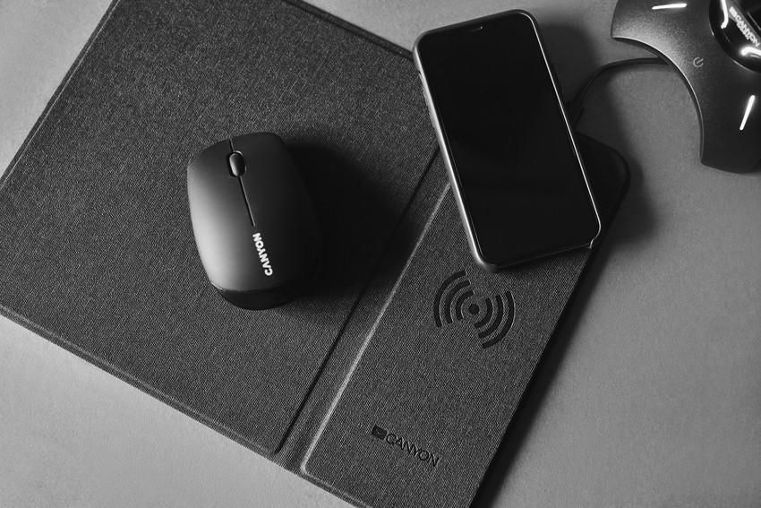 CANYON Mouse Mat with wireless charger, Input 5V/2A,9V2A Output 5W/7.5W/10W, 324*244*6mm, USB Type C cable length 1m, Black, 220g