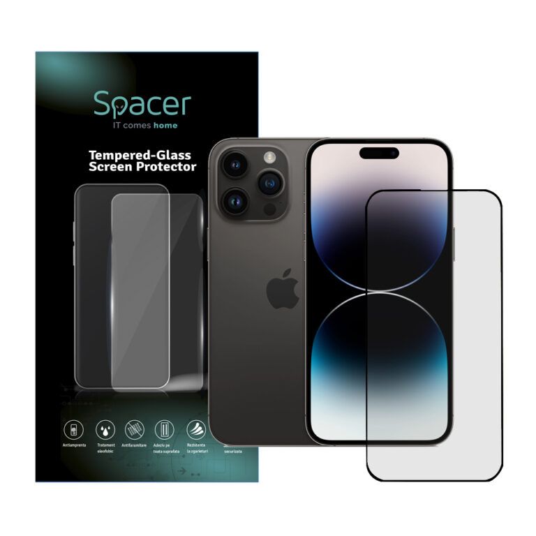 FOLIE STICLA  Spacer pentru Iphone 14 Pro Max, grosime 0.3mm, acoperire totala ecran, strat special anti-ulei si anti-amprenta, Tempered Glass, sticla 9D, duritate 9H  SPPG-AP-IP14PM-TG 