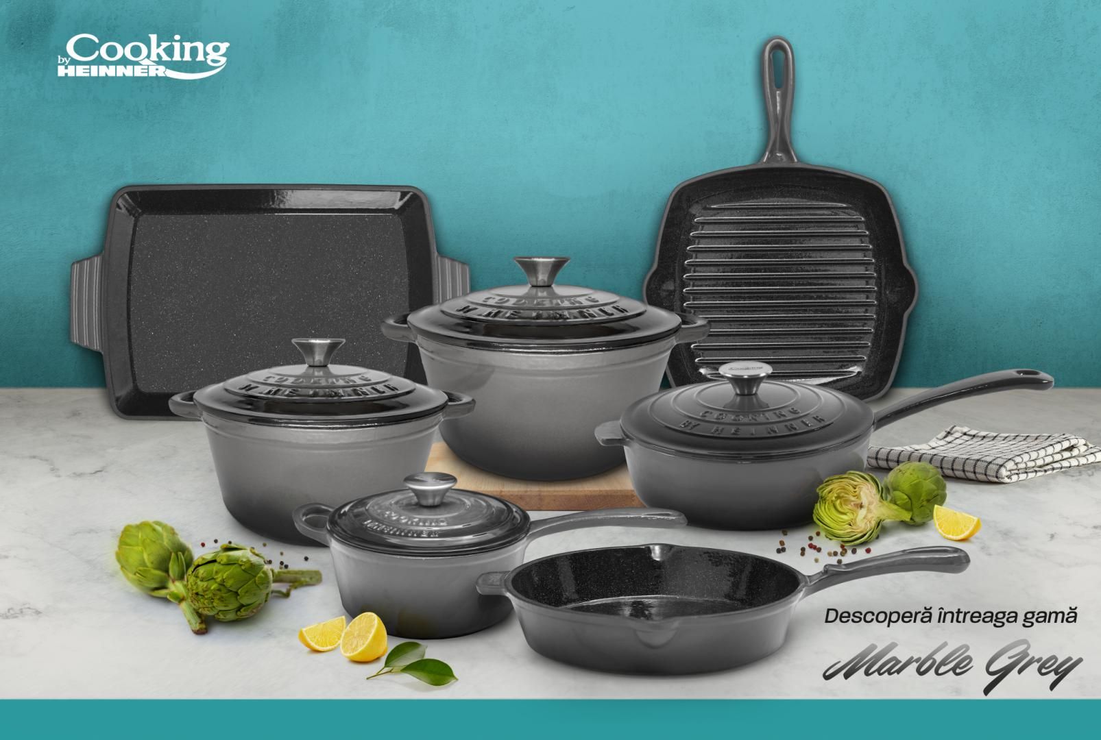 TIGAIE  ADANCA FONTA EMAILATA + CAPAC 24 X 8 CM, 2.5 L, MARBLE GREY, COOKING BY HEINNER