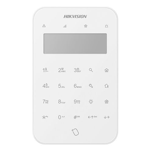 Tastatura wireless LCD AX PRO Hikvision DS-PK1-LT-WE, 868MHz two-way Tri-X wireless technology distanta comunicare RF : 1200min camp deschis Stay/away arming, disarming, alarm clearing for anumite zone sau pentru toate zonele One-Push fire alarm, panic alarm, and medical alarm (Silent/Audible