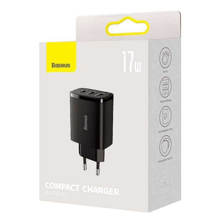 INCARCATOR retea Baseus Compact, Fast Charge 17W, 3 x USB 5V/2.1A, negru  CCXJ020101  (include TV 0.8lei) - 6932172606961