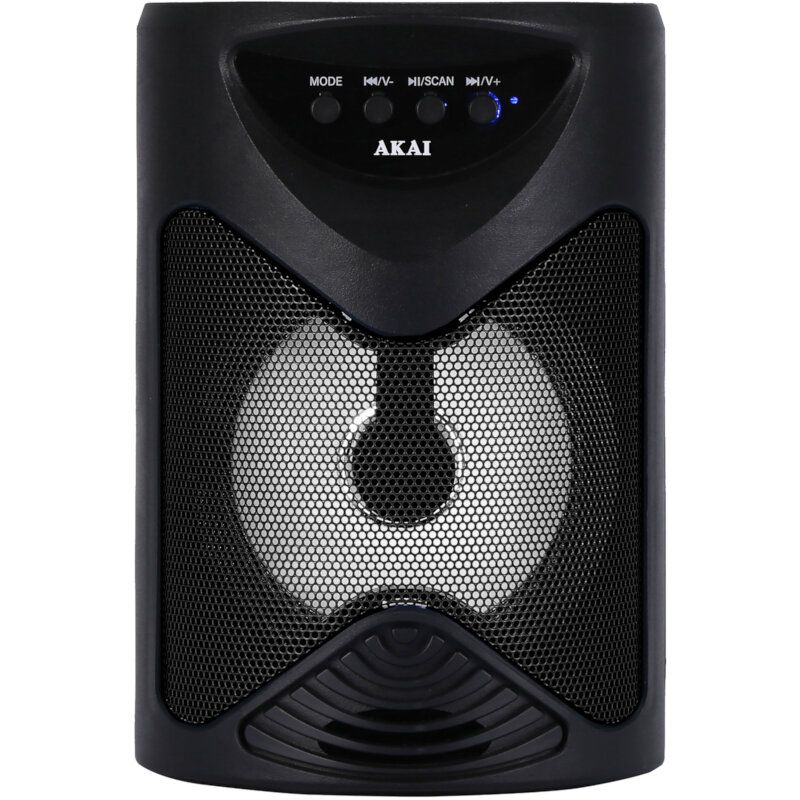 Boxa portabila Akai ABTS-704, Bluetooth 4.2, radio FM, 1x port USB pentru mp3 player, 1x slot card TF, lumini LED, baterie reincarcabila, 1x slot pentru microfon, timp de incarcare 2 ore, timp de folosire 1.5 ore la volum maxim
