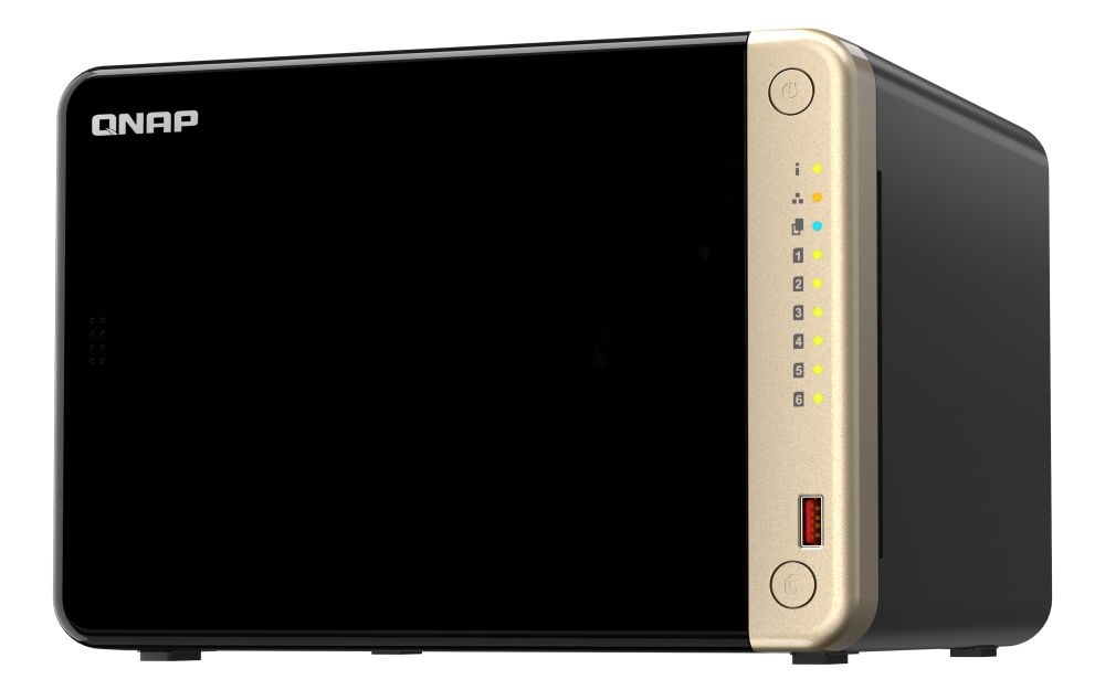 NAS QNAP 664 6-Bay, CPU Intel® Celeron® N5105/N5095 4-core/4-thread Processor, RAM 8GB (1x 8GB) DDR4, HDD 6 x 2.5 /3.5  SATA 6Gbps + 2 x M.2 2280 PCIe Gen 3 x1 SSD slots (neincluse), LAN: 2 x 2.5GbE, optional 10GbE expansion via a PCIe card, USB3.2 Gen2: 2 x Type-A USB2.0: 2, tower, 120W adaptor