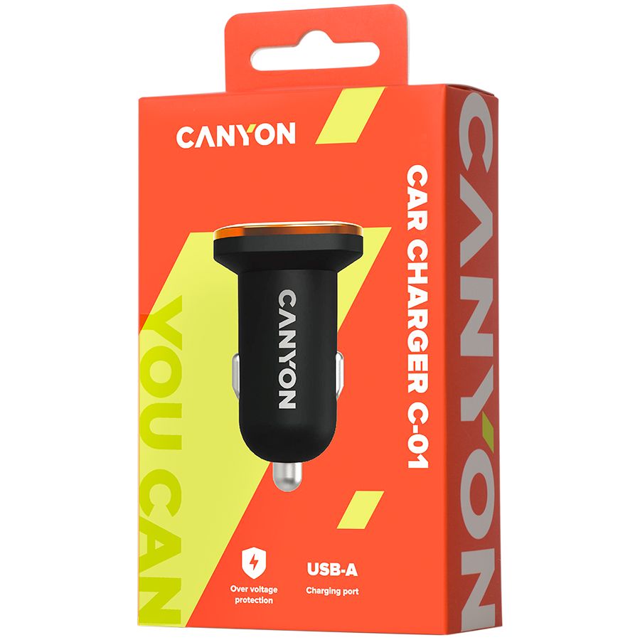 CANYON C-04 Universal 2xUSB car adapter, Input 12V-24V, Output 5V-2.4A, with Smart IC, black rubber coating with silver electroplated ring, 59.5*28.7*28.7mm, 0.019kg