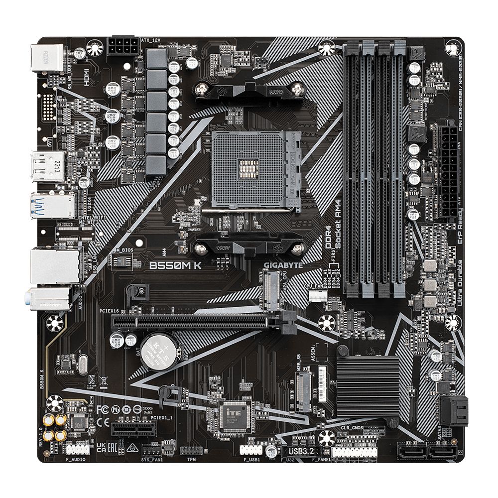 Placa de baza GIGABYTE B550M K, socket AM4, 4x DDR4 UDIMM, 4x SATA, 2x NVMe, 12x USB-A, mATX
