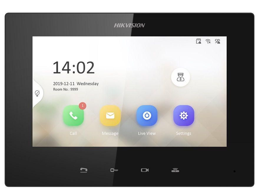 Monitor videointerfon WIFI 7inch color Hikvision DS-KH6320-LE1(B)LCD Resolution 1024 × 600, ROM 32 MB, RAM 128 MB, Audio compression standard G.711 U, G.711 A,Event capacity 200 alarm records,2 MB RAM reserved for events, Linked doorphone capacity 17 IP doorphones Max.Network interface 1 RJ-45