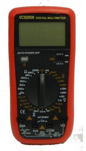 Digital multimeter DT9205A with 8 functions
DC Voltage: 200mV-1000V
AC Voltage: 200mV-750V
DC Current: 2mA-20A
AC Current: 2mA-20A
Resistance: 200ÃŽÂ©-200MÃŽÂ©
Capacitance: 2000p-200µF
Hold
Diode Test Yes Transistor