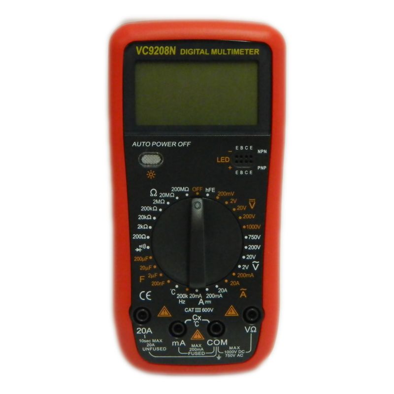 Digital multimeter 10 functions:
DC Voltage: 200mV-1000V
AC Voltage: 2V-750V
DC Current: 20mA-20A
AC Current: 200mA-20A
Resistance: 200&ampOmega-200M&ampOmega
Capacitance: 200nF-200µF
Hold
Frequency: 200kHz
Diode Test: Yes
Transistor
Temperature
Packaging: box 1 pc.