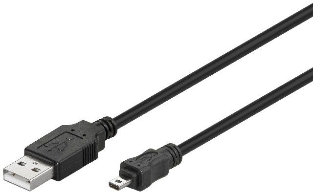 USB 2.0 cable 1.8m A male to 8 pin mini B male, black
- for cameras: Fuji, Medion, Nikon, Olympus, etc.
Packaging: bulk 1 pc.