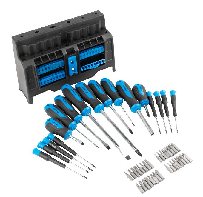50-piece screwdriver set
- 33 peaks
- 1 screwdriver for tips
- 8 precision screwdrivers
- 8 screwdrivers:
6x38mm, 5x100mm, 6x125mm, 8x150mm
PH2x38mm, PH1x100mm, PH2x125mm, PH3x150mm
- magnetizer/demagnetizer
- stand for parts
Packaging: blister 1 set
