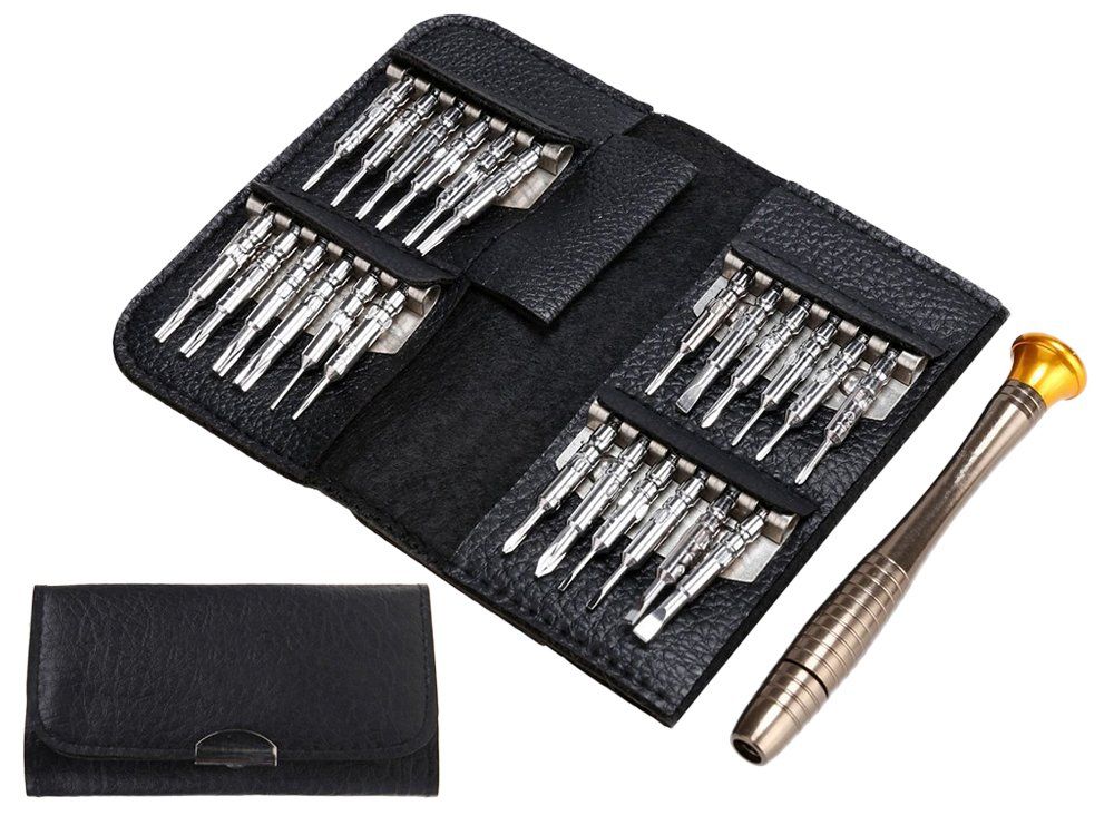 Screwdriver with magnetic tips, 24 pcs
- Phillips: 1.0 1.2 1.5 2.0 2.5 3.0
- flat: 1.01.52.02.63.0
-Torx: T2T3T4T5T6T8T10
- pentalobes: 0.8 1.2
- Y: 0.6 2.0
- triangular: 2.3
- point screwdriver

Packaging: blister 1 set.