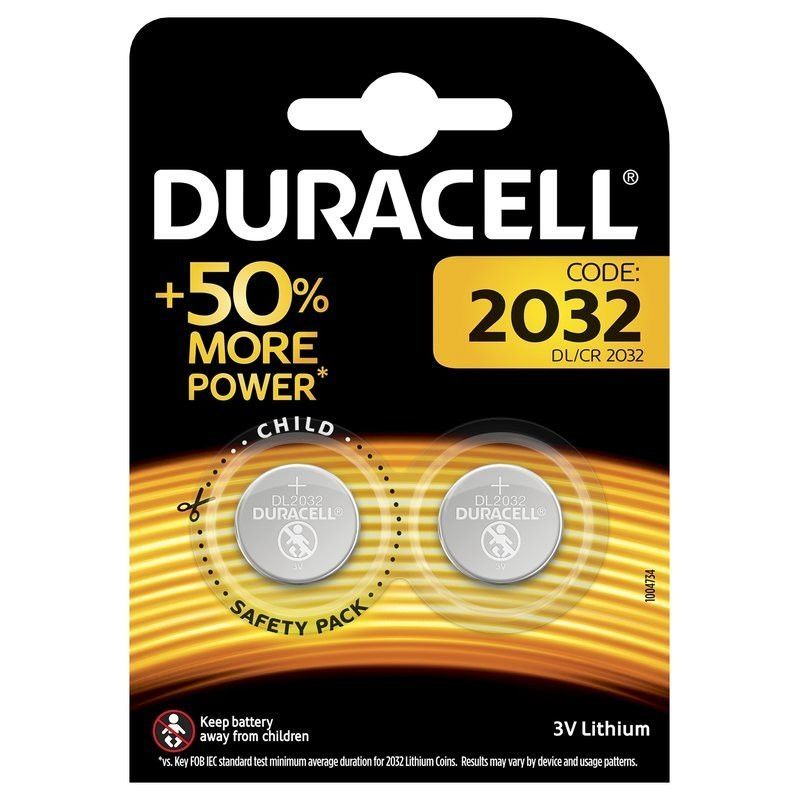 Duracell lithium button battery CR2032 3V 225mAh
Packaging: blister 2 pcs.