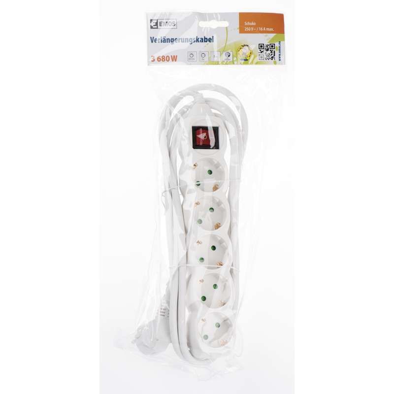 Extension 3m 5xSchuko, white, with switch
- protection for children
- max power: 3500W
- conductor: copper 1.5mm²
- approval: EC
Packaging: bulk 1 pc.