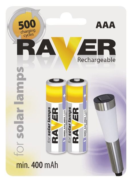 Battery Ni-MH Micro (AAA,R03) 1.2V 400mAh Raver
- for solar lamps
Packaging: blister 2 pcs.