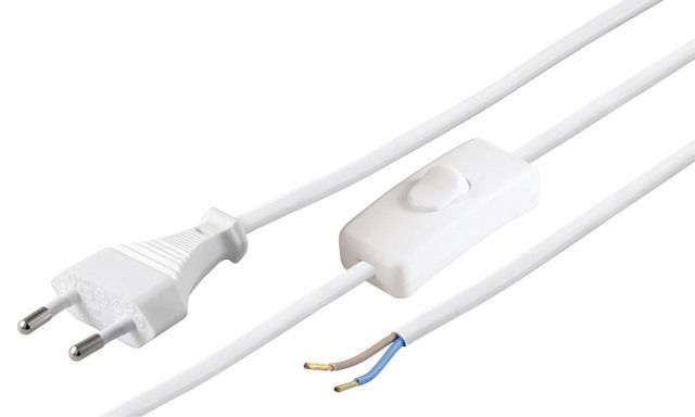 Power cable 2m Euro male to 2 wires with switch, white
- H03VVH2-F 0.75mm²
- max current 250V/2.5A
Packaging: bulk 1 pc.