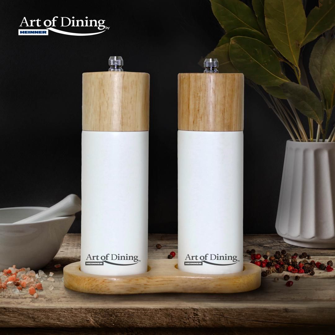  SET OF 2 MODERN SALT & PEPPER GRINDERS, 16 CM + BASE