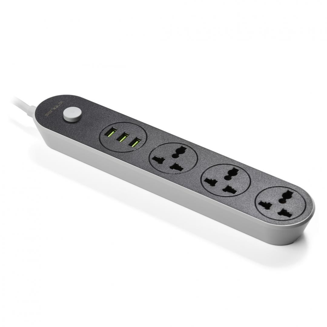 Prelungitor cu protectie Serioux, 3 prize universale, input 100-240V,50- 60Hz,output (Total): 2500W - 10A, 3 porturi USB, USB Output (Total):3.1A, functie auto ID, antistatic, buton power/off, lungime cablu 1.6m,negru, SRXS-PS33B