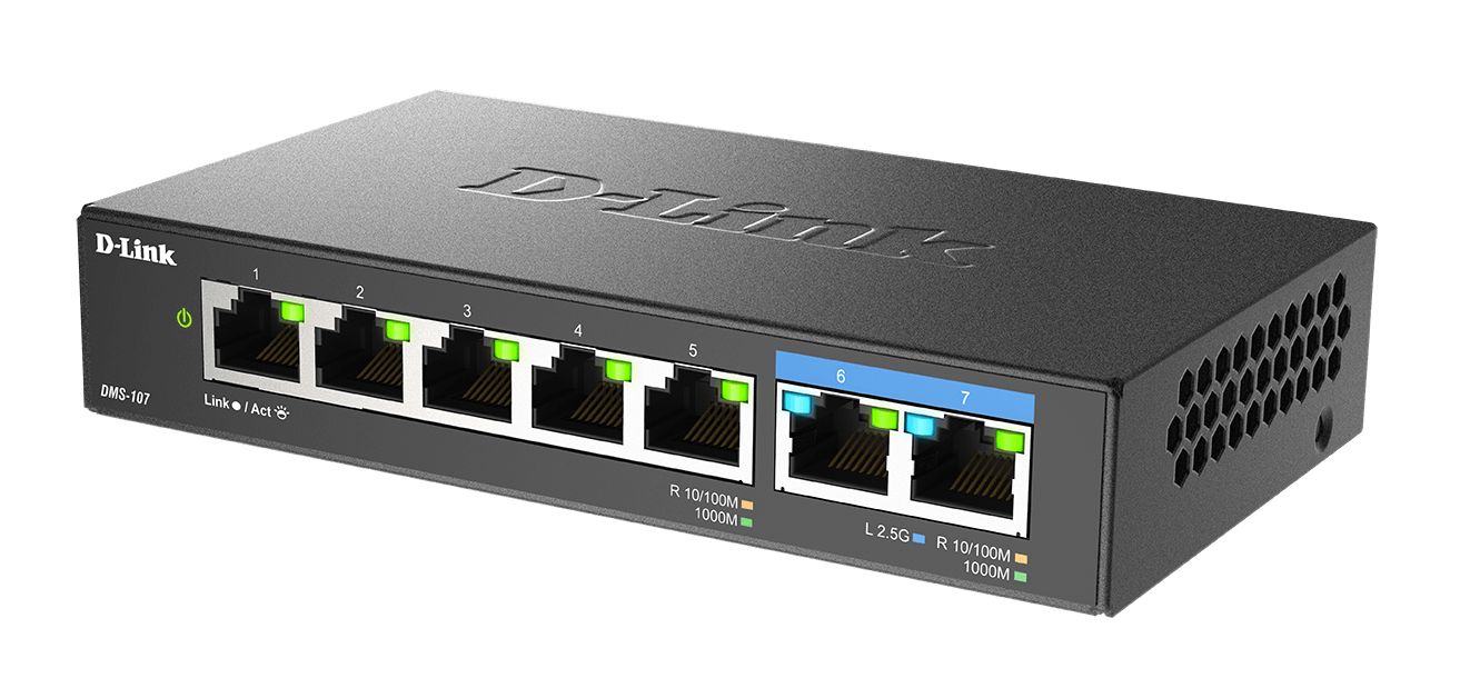 D-Link switch DMS-107, 7 porturi, Standarde si protocoale: IEEE 802.3 10BASE-T,  IEEE 802.3u 100BASE-TX,  IEEE 802.3ab 1000BASE-T,  IEEE 802.3bz 2.5GBASE-T5 porturi Gigabit, 2 porturi 2.5Gbps,  Capacitate 20 Gbps, fara ventilator, carcasa metal, dimensiuni: 145 x 82 x 28 mm, Greutate: 295.2 g, Auto