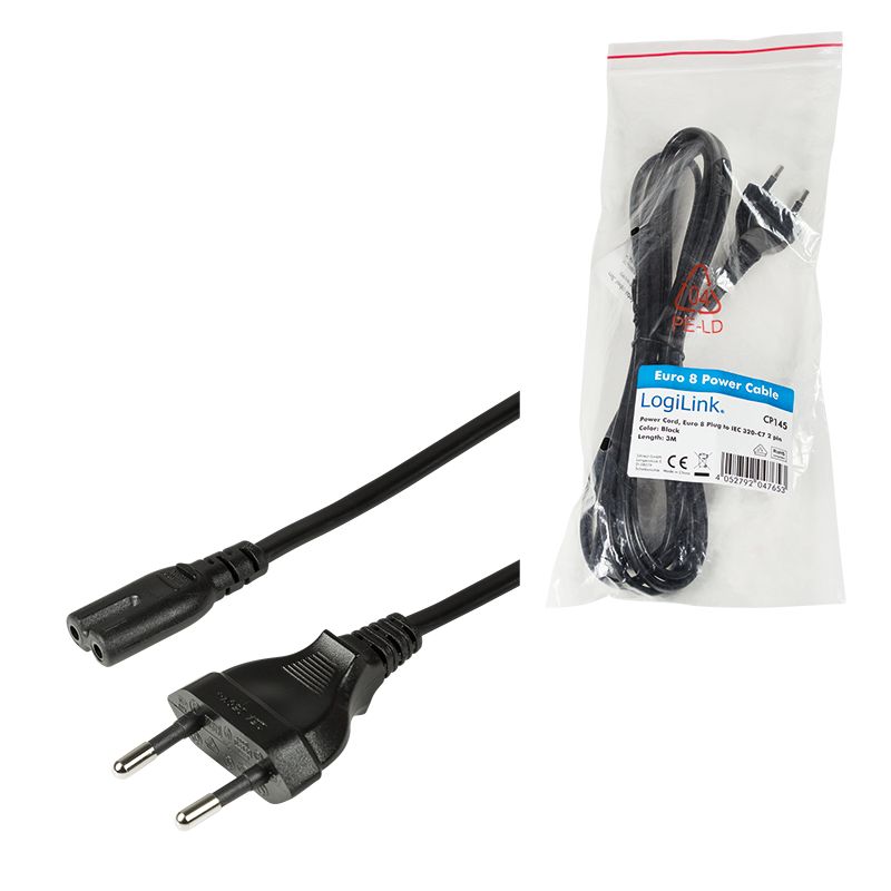 CABLU alimentare LOGILINK casetefon, 3m, intrare Euro plug, iesire C7, 10A, testat VDE, black,  CP145  (include TV 0.18lei)