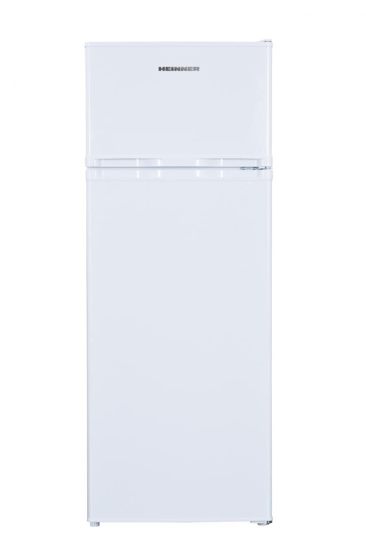 Frigider cu 2 usi Heinner HF-H2206E++, clasa energetica: E, capacitate totala: 206 L, capacitate frigider: 169 L, capacitate congelator: 37 L, control mecanic cu termostat ajustabil, lumina LED, 3 rafturi sticla frigider, compartiment pentru fructe si legume, usi reversibile, suport oua, capacitate