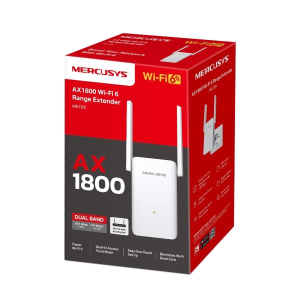 MERCUSYS Mercusys Ax1800 Wi-Fi Range Extender ME70X Dual-Band, Standarde Wireless: IEEE 802.11a/n/ac/ax 5GHz, IEEE 802.11b/g/n/ax 2.4GHz, Viteza wireless: 574 Mbps at 2.4GHz, 1201 Mbps at 5GHz, Interfata: 1 x Gigabit Ethernet Port, 2 x Antene externe, Consum: 13W, Dimensiuni:  138.6 × 100.3 × 68.4 mm.