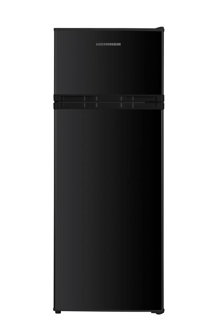 Frigider cu 2 usi Heinner HF-H2206BKE++, clasa energetica: E, capacitate totala: 206 L, capacitate frigider: 169 L, capacitate congelator: 37 L, control mecanic cu termostat ajustabil, lumina LED, 3 rafturi sticla frigider, compartiment pentru fructe si legume, usi reversibile, suport oua