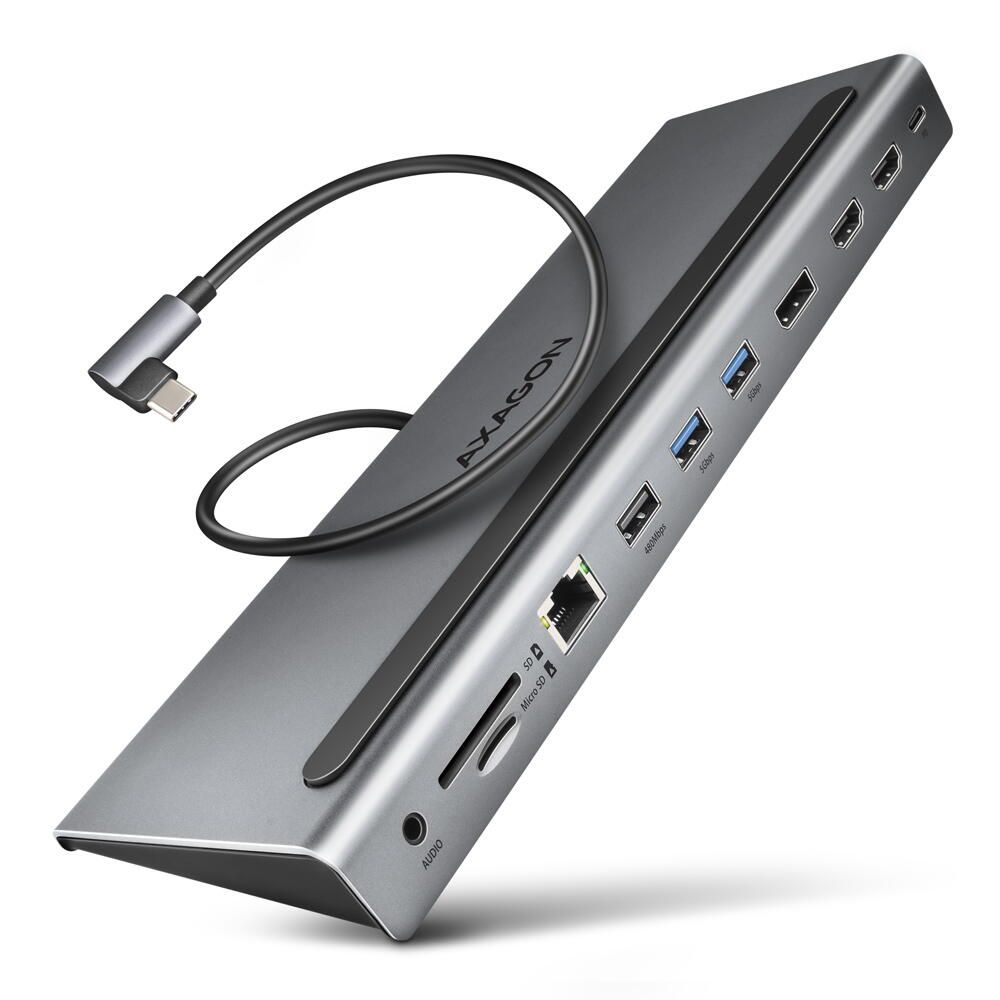 HMC-4KX3, USB-C hub, 5 Gbps, 3x USB-A, 2x HDMI, 1x DP, Ethernet, audio, SD, audio, PD 100W, compatibil TB3/4, carcasa metal