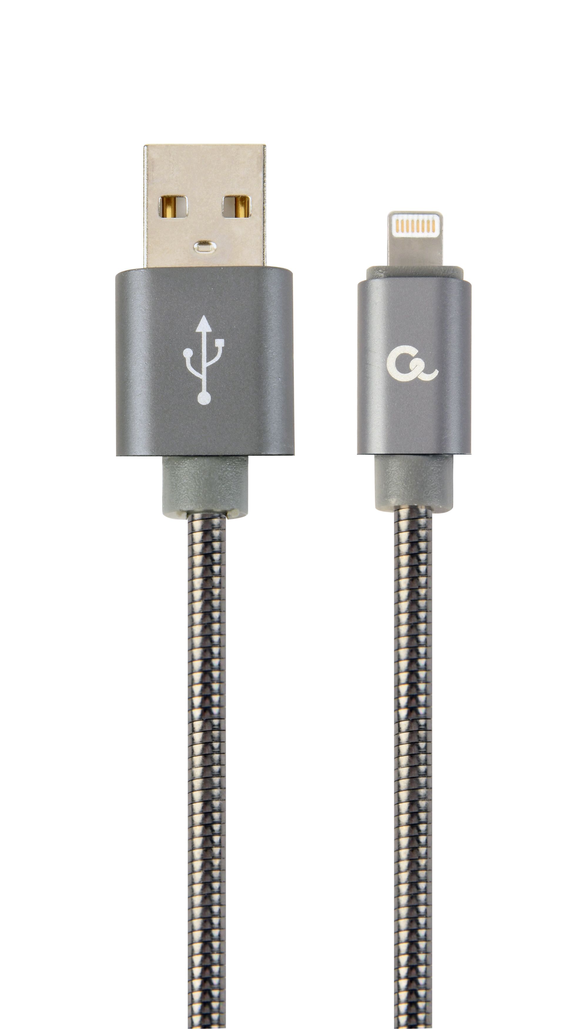 CABLU alimentare si date GEMBIRD, pt. smartphone, USB 2.0 (T) la Lightning (T), 1m, premium, cablu metalic, gri-metalic, cu insertii albe,  CC-USB2S-AMLM-1M-BG  (timbru verde 0.08 lei)