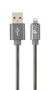 CABLU alimentare si date GEMBIRD, pt. smartphone, USB 2.0 (T) la Lightning (T), 1m, premium, cablu metalic, gri-metalic, cu insertii albe,  CC-USB2S-AMLM-1M-BG  (timbru verde 0.08 lei)