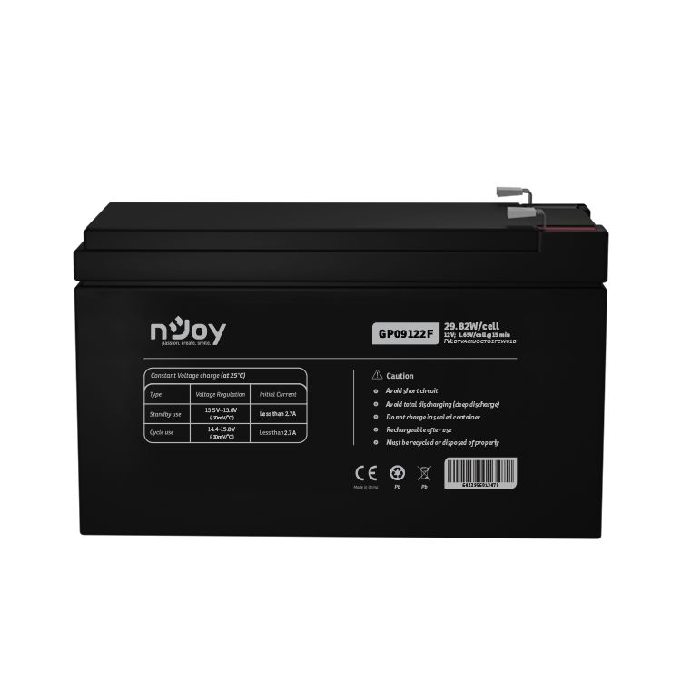 ACUMULATOR NJOY GP09122F 12V Tip VRLA AGM Terminale F2 Durata teoretica de viata in mod asteptare pana la 5 ani Cycle Use 14.4V-15.0V (-30mV/C), max. Current: 2.7A Float Use 13.5-13.8V (-20 mV/C) https://www.njoy.global/product/gp09122f?el=resources
