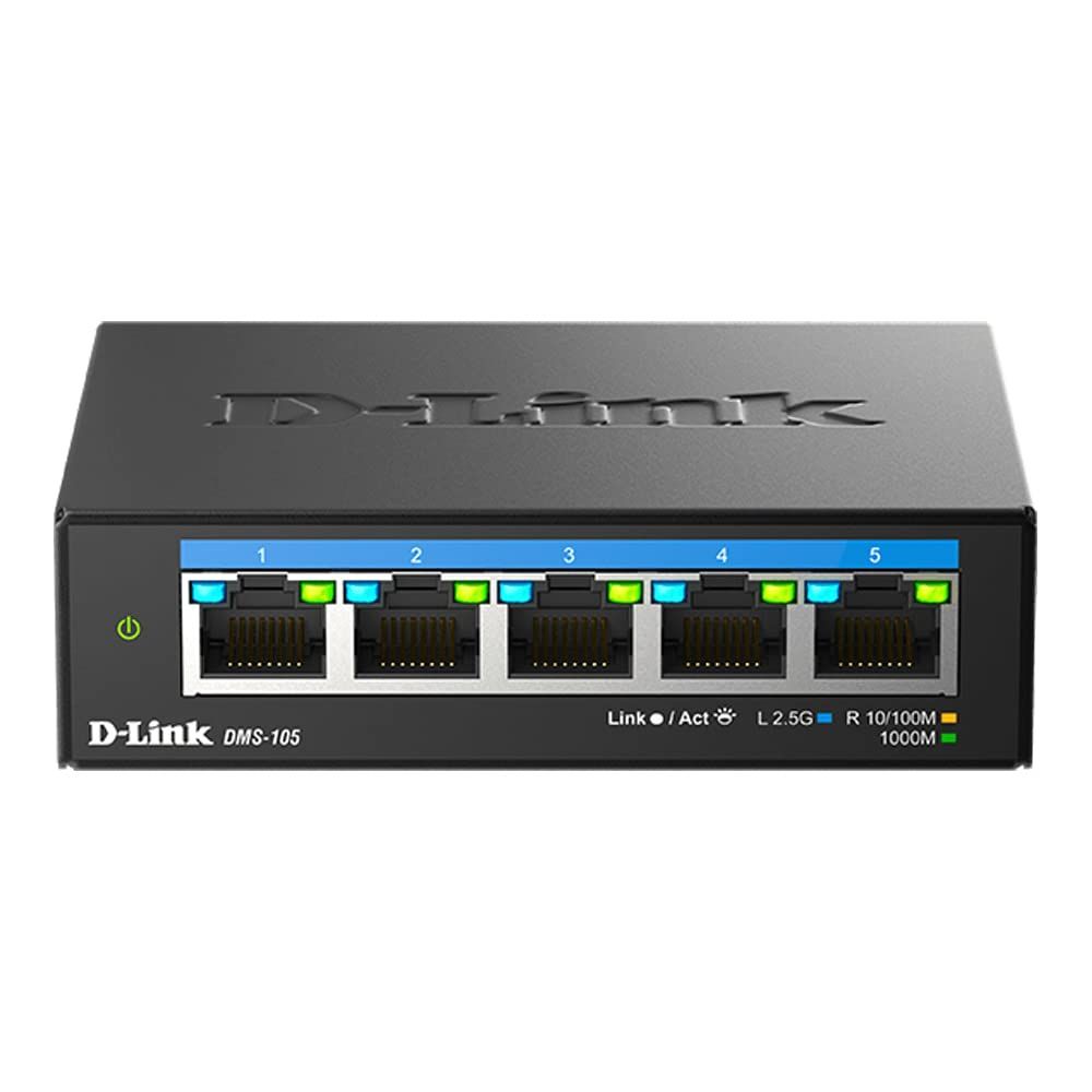 D-LINK DMS-105 UNMANAGED SWITCH 5 PORT, Interfata: 5 x 10/100Mbps/1G/2.5G, Auto MDI/MDIX, CAPACITATE SWITCH: 25gBPS, Packet Forwarding Rate:18.6 Mpps, Dimensiuni 100.5 x 82 x28mm, Greutate: 238.6 g.