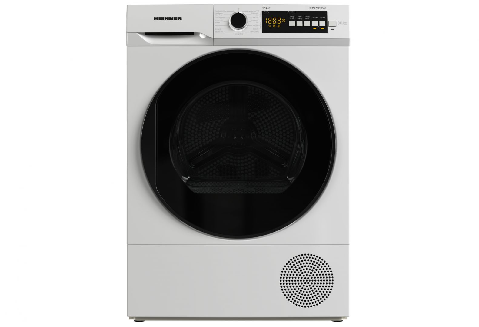 Uscator de rufe cu pompa de caldura Heinner HHPD-V9T2KA++, Capacitate incarcare 9kg, Clasa energetica A++, 15 programe de uscare, Display LED, Program rapid camasi 20 min, Program expres 34 min, Program Baby Care, Functie Start intarziat, Functie anti-sifonare, , Pure Beam+, Usa Reversibila, Lumina