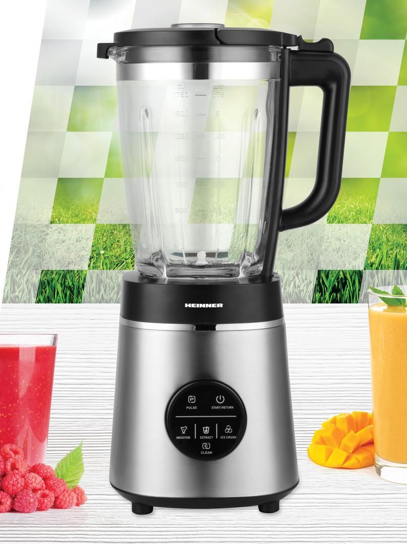 Blender de masa Heinner Bette Noir HBL-D1400SS, panou de comanda tactil, capacitate vas de sticla: 1,75 L, control continuu al vitezei, functii multiple: smoothie, zdrobire gheata, Pulse, Autocuratare, extractie, sistem de blocare dublu, lame din otel inoxidabil, carcasa din inox, nivel de zgomot