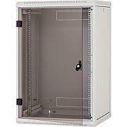 Rack de perete Triton sectiune simpla 12U 500mm adancime usa sticla panouri laterale fixe sectiuni ventilatie activa, sectiuni acces cabluri sus/jos/spate securizare cu cheie, 1 pereche montanti reglabili IP30 gri