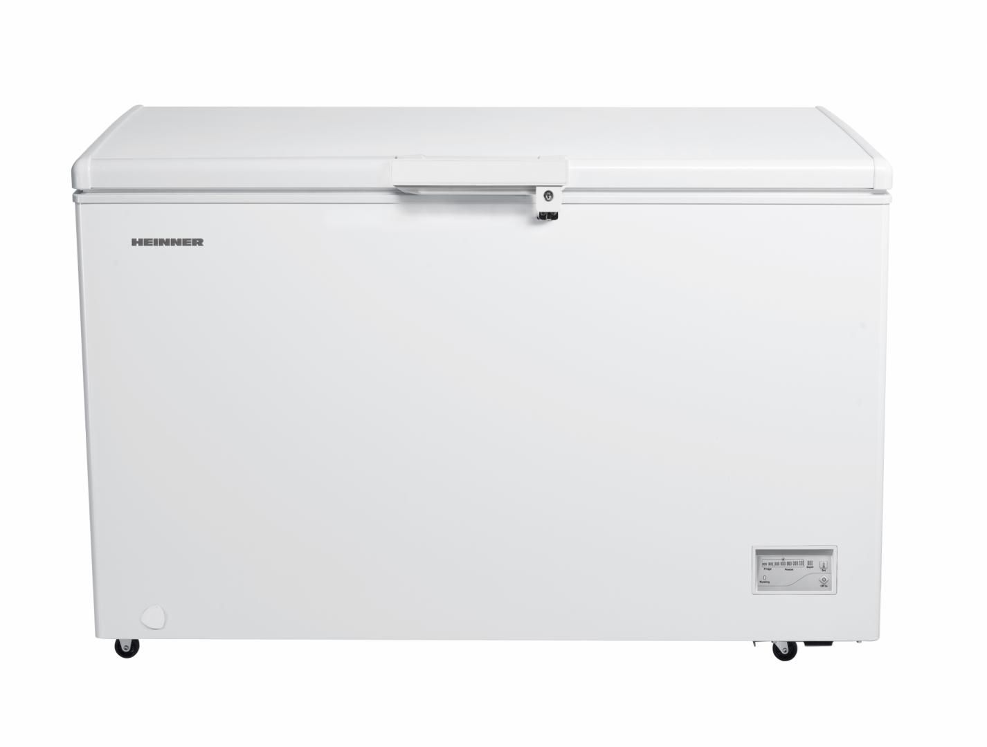 Lada frigorifica Heinner HCF-HM371CE++, capacitate totala: 371L, clasa de eficienta energetica E, convertibila (frigider/congelator), compresor Inverter, control electronic, 2 cosuri, lumina LED, maner cu incuietoare, rezistenta la frig, waterproof display, dimensiuni (WxDxH): 133.6 x 74.8 x 88.5