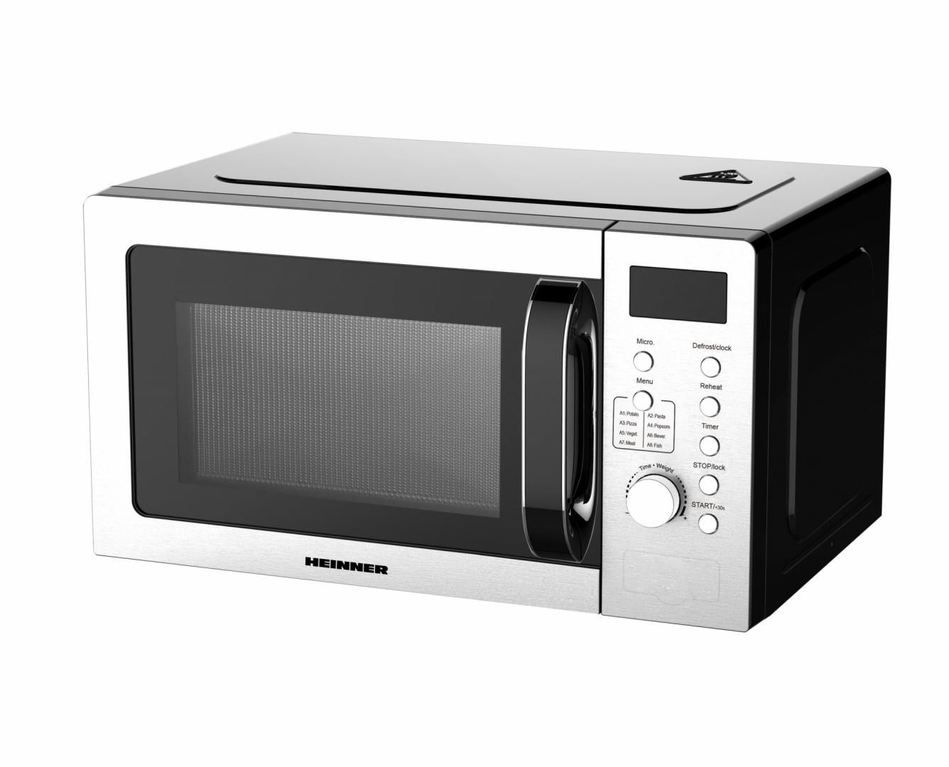 CUPTOR CU MICROUNDE HEINNER HMW-D2060SS, CAPACITATE 20L, CONTROL DIGITAL, DISPLAY LED, PUTERE CUPTOR 700W, 5 TREPTE DE PUTERE, 8 PROGRAME DE GATIRE AUTOMATE, TIMER, TIMP MAXIM DE GATIRE 60 MIN, FUNCTIE DECONGELARE, SEMNAL SONOR LA FINALIZAREA PROGRAMULUI, BLOCARE ACCES COPII, DIAMETRU PLATOU ROTATIV