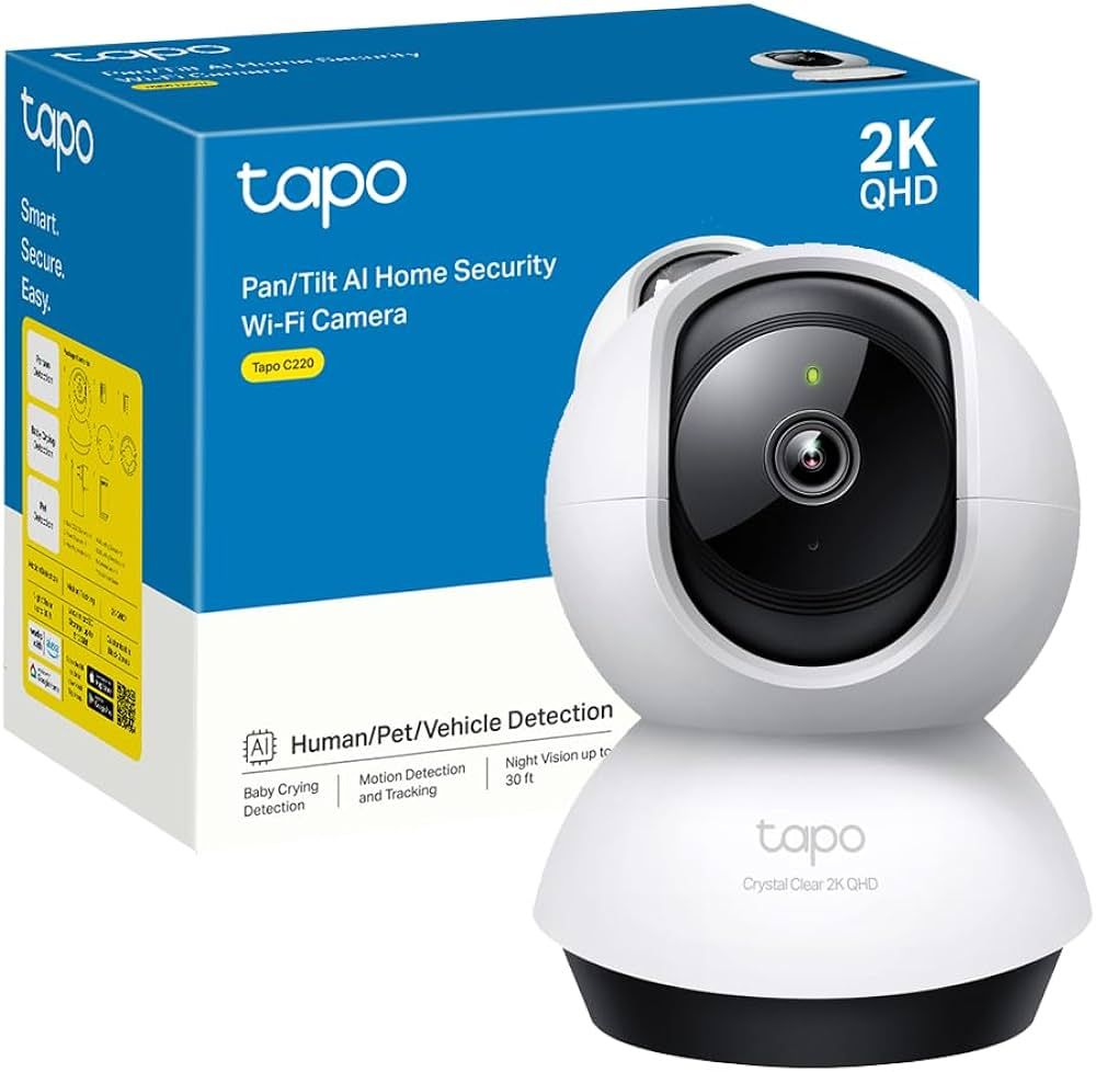 TP-LINK TAPO C220 camera supraveghere WI-FI pentru interior cu funcție Pan/Tilt și Detectare AI, Rezoluție: 2K 4MP QHD （2560 * 1440 px）, Lentile: Distanță focală: 4.0mm, F/NO: 2.0, Pan/Tilt Range:360° pe orizontală, 114° pe verticală, Frame rate: 2560×1440@30fps, Compresie video: H.264, Microfon și