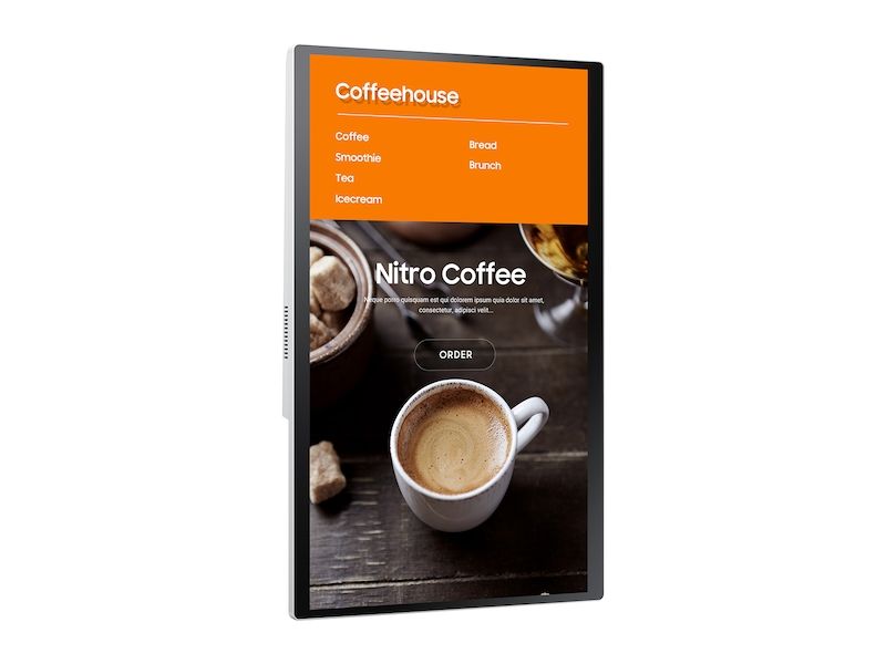 Kiosk interactiv Samsung KM24A, 24 , FHD, 16/7, 250nit, 14ms, contrast static 1000:1, Tizen 4.0. Necesita connec. box CY-KM24APXEN. Conectivitate: WiFi, 3xUSB2.0, 1xLAN, 3xRS232C. IP5x (Dust proof), Sticla protectie Yes, boxe 5W, dimensiuni 334.4x733x236.5mm, VESA 200x200, greutate 12.5kg, consum