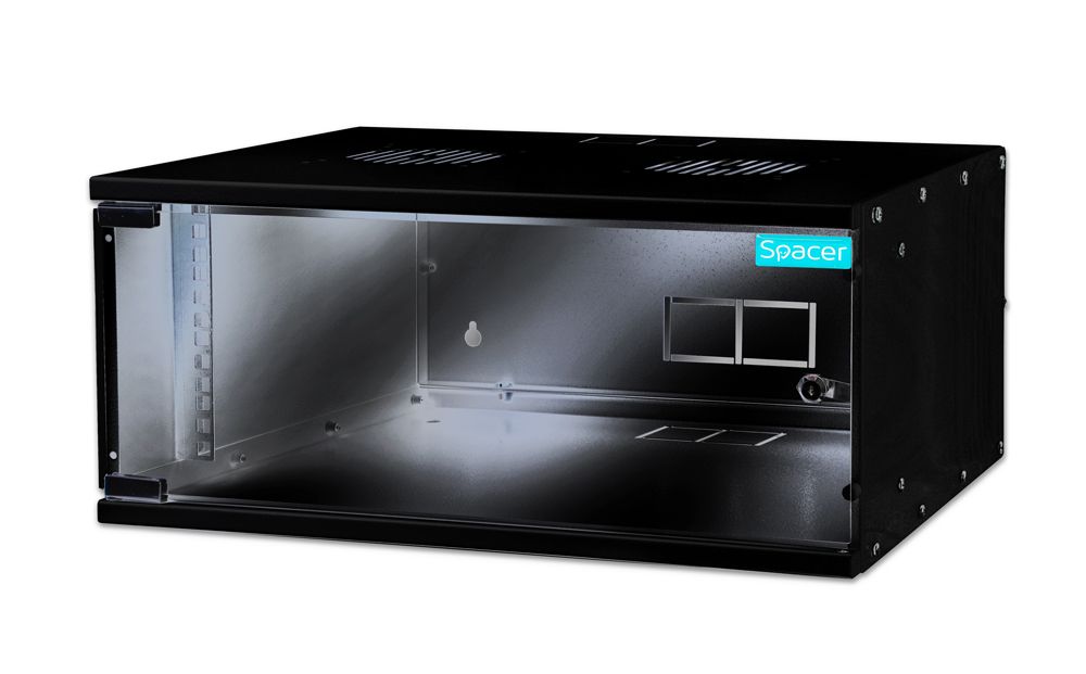 CABINET 19  SPACER    4U 500x400mm, fixare pe perete, Flatpack (dezasamblat),  Black, usa sticla cu blocare, panouri detasabile, otel 1mm, sarcina maxima 25Kg,  SPCW-4U-400-BK-02 