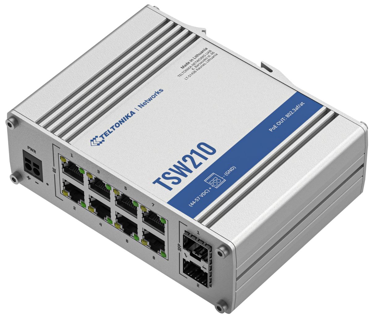 Teltonika TELTONIKA INDUSTRIAL 8PORT UNMANAGED SWITCH TSW210, Interfata: 8 x ETH ports, 10/100/1000 Mbps, supports auto MDI/MDIX crossover, 2 x SFP ports, Standarde retea: 802.3i, 802.3u, 802.3ab, 802.3x, 802.3az, 802.3ad, Latime banda: 20 Gbps, Carcasa aluminiu, Dimensiuni: 132 x 44.2 x 95.1 mm, Greutate