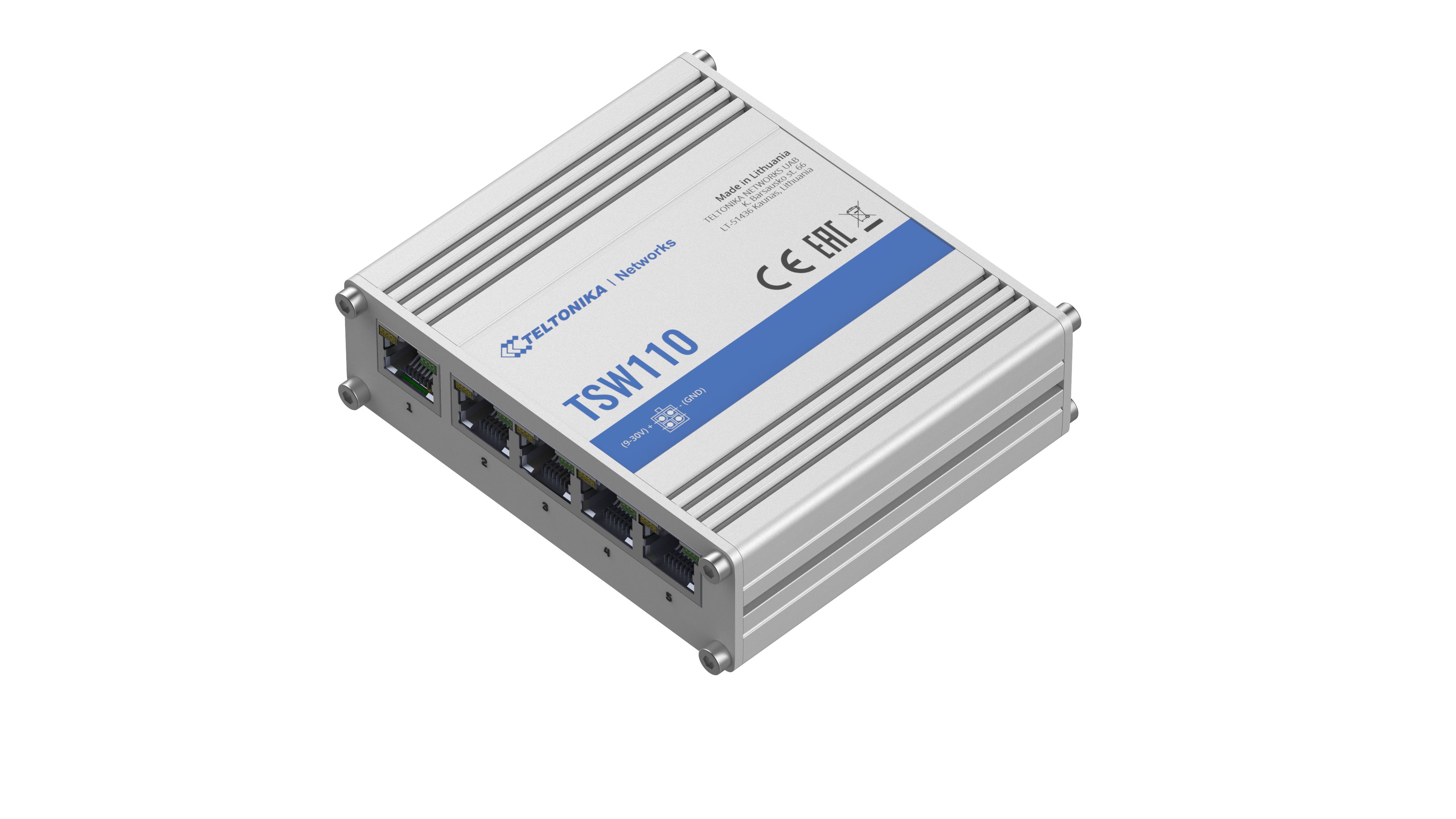 Teltonika TELTONIKA INDUSTRIAL UNMANAGED L2 5PPORT GIGABIT SWITCH TSW110, Interfata: 5 x ETH ports, 10/100/1000 Mbps, supports auto MDI/MDIX crossover, Standarde retea: 802.3i, 802.3u, 802.3ab, 802.3x, 802.3az, 802.3ad, Latime de banda: 10 Gbps, Carcasa aluminiu, Dimensiuni: 100 x 30 x 85 mm, Greutate: 227g